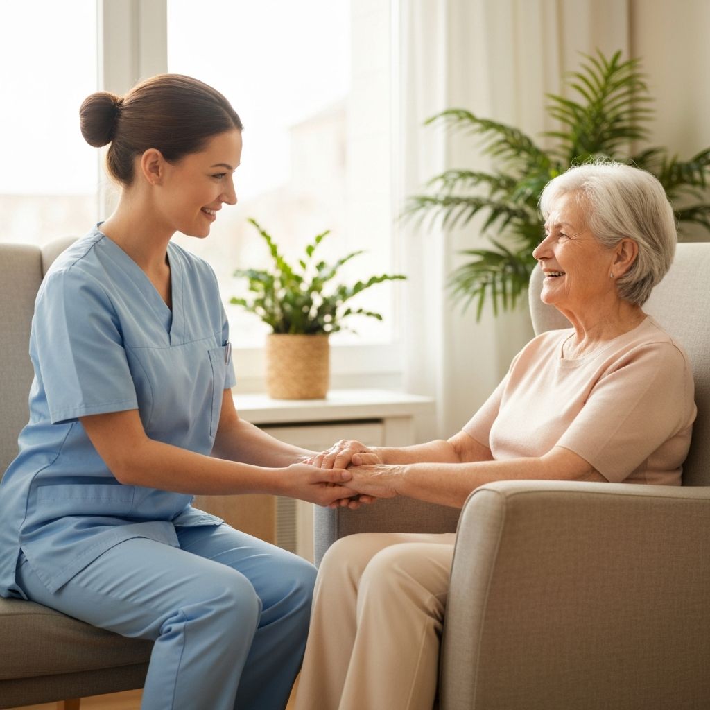 Cuidadora profesional asistiendo a una persona mayor en su hogar